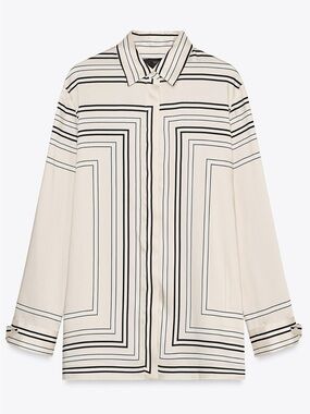 Zara Cream and Black Geometric Stripe Button-Down Shirt